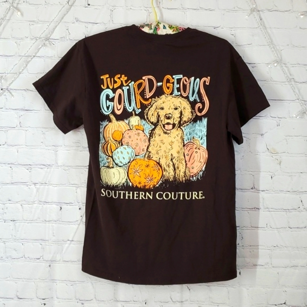 Southern Couture Labrador Retreiver Doodle Dog Fall Pumpkin Print Brown Tee Sz M - Picture 6 of 13